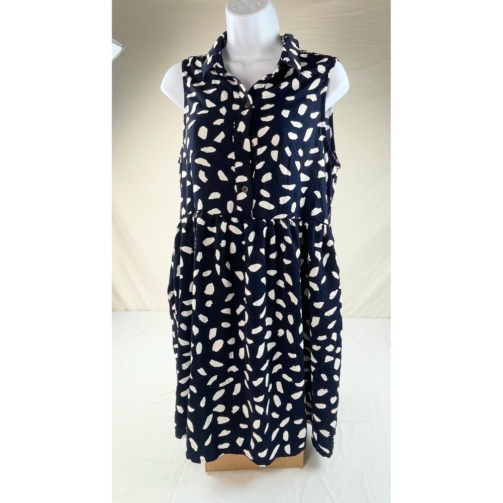Umgee Navy Blue White Abstract Print Sleeveless Shirt Dress Small Pockets